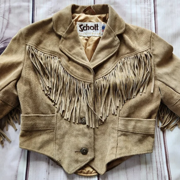 Schott NYC Vintage 80s Cropped Western Fringed Suede Jacket Tan, Women's Size S - Picture 2 of 11